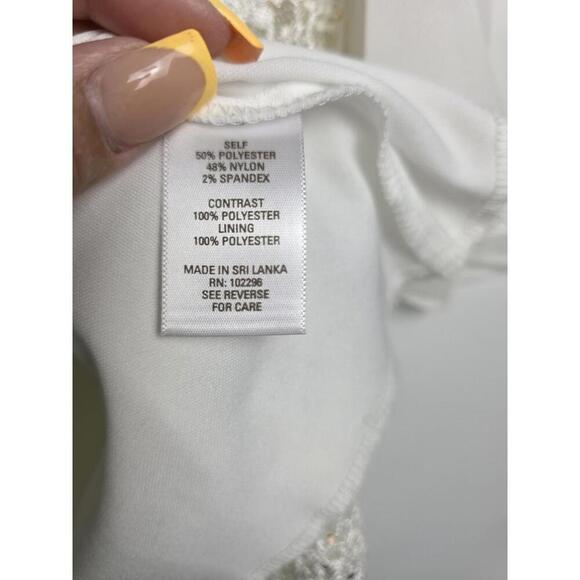 Cold Shoulder White Lace Top With Sequins Chiffon Sleeves Scalloped Hemline Sz M - Picture 7 of 8